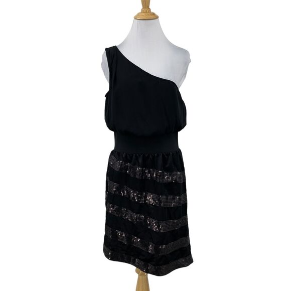 She Said... Sequin Cocktail Dress Womens S Small Black One Shoulder Banded Waist - Picture 1 of 15